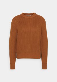 Pull en maille couleur orange brûlé, doté d'un col rond, de manches longues, d'une texture côtelée et d'un ourlet côtelé. Coupe décontractée avec un tissage épais.