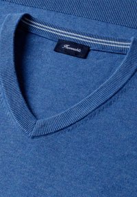 Pull bleu à col en V avec un col côtelé et une étiquette cousue à l'intérieur de l'encolure avec un texte blanc.