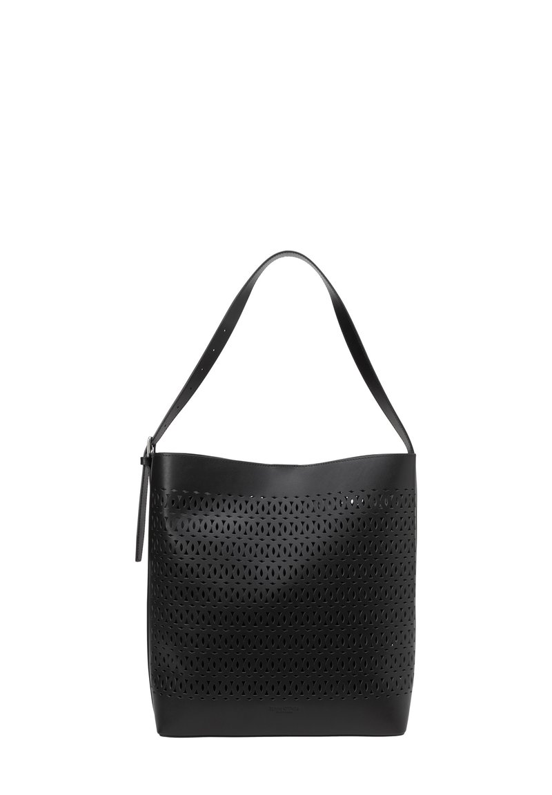 Sac fourre-tout en cuir perforé noir avec un haut incurvé et un fond plat. Doté d'une longue poignée fixée avec des accents en métal.