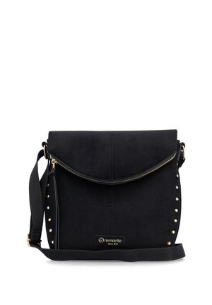 Black crossbody bag with adjustable strap, front zipper flap, small gold studs on sides, and Remonte brand label on front.