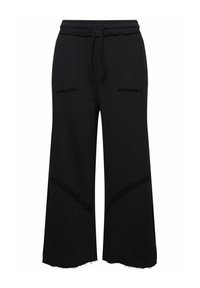 Pantaloni neri a gamba larga in tessuto morbido, con vita elastica, due tasche frontali e dettagli con orlo sfilacciato.