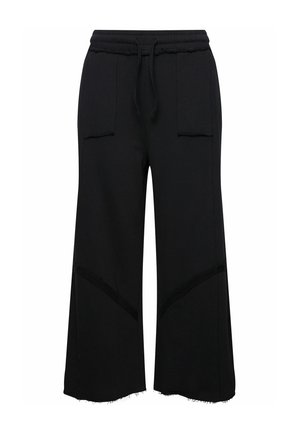 Schwarze weit geschnittene Hose aus weichem Stoff, mit einem elastischen Bund, zwei vorderen Taschen und fransigen Saumdetails.