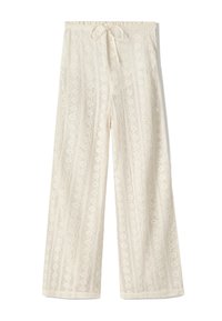 Pantalons à jambes larges en blanc cassé avec un motif en dentelle, dotés d'une taille à cordon et d'un tissu texturé avec des rayures verticales et des détails en œillets.