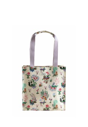 Cream tote bag with white handles featuring colorful floral and animal illustrations, including pandas, monkeys, and birds.