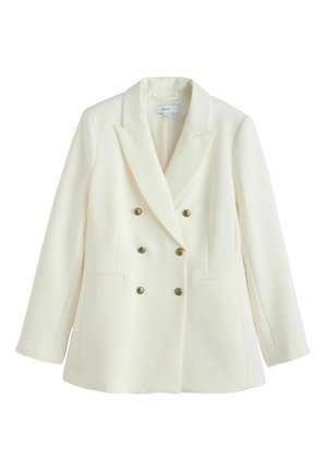 Doppelreihiger weißer Blazer aus strukturiertem Stoff, mit goldenen Knöpfen und zwei Seitentaschen, mit Reverskragen und taillierter Passform.