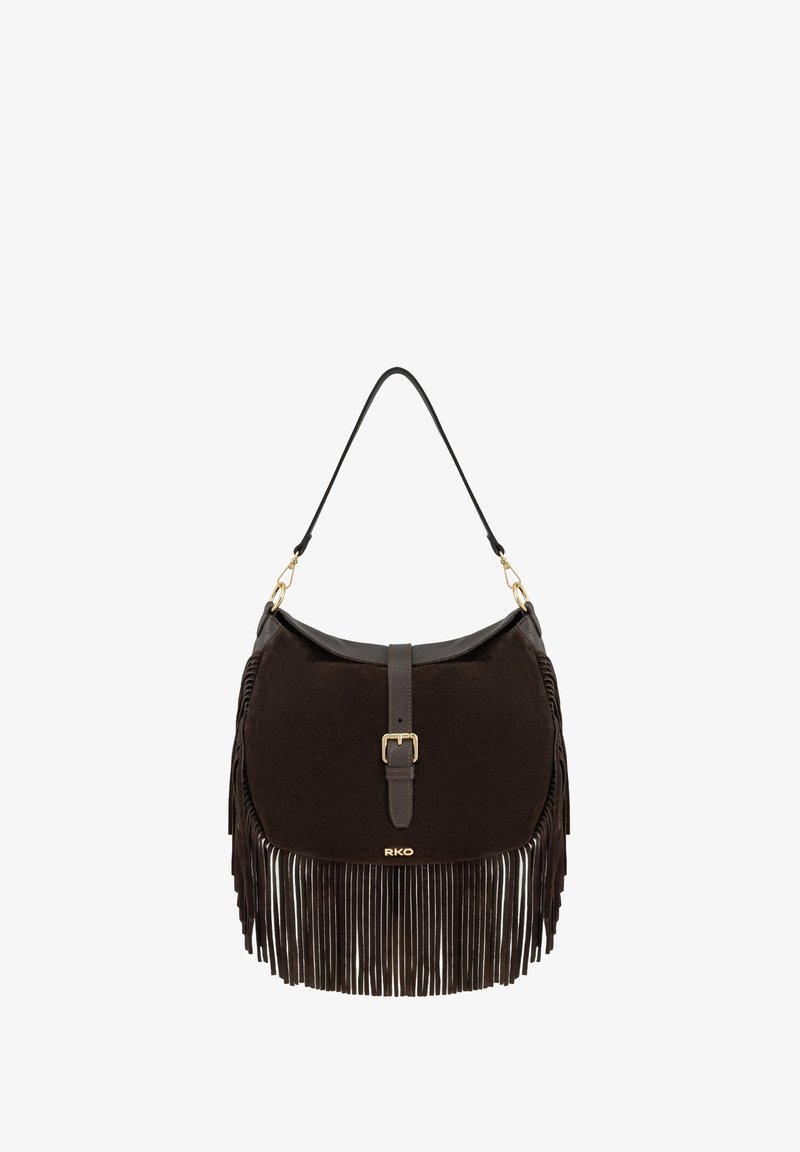 Sac à bandoulière en cuir marron foncé avec des franges au bas et sur les côtés, fermeture à boucle dorée et logo RKO doré sur le devant.
