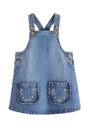 Blå denim forklæde kjole med flæser på forlommerne dekoreret med små broderede blomster og skulderstropper med knapper.