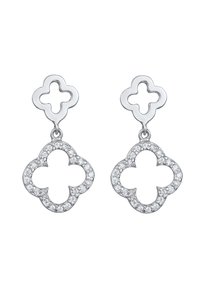 Silberne Ohrringe mit einem Design eines vierblättrigen Kleeblatts. Der äußere Rand ist mit kleinen klaren Kristallen verziert, was einen dekorativen Effekt erzeugt.