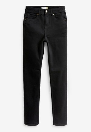 Crne skinny traperice s visokim strukom, prednjim i stražnjim džepovima, kopčom na gumb i petljama za remen, ravno prikazane na bijeloj pozadini.