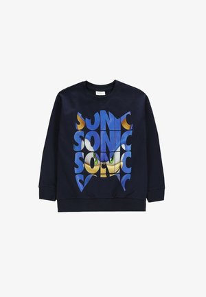 Granatowa bluza z dużym nadrukiem postaci z kreskówki o zielonych oczach, podkreślona wyrazistymi niebieskimi i żółtymi kolorami.