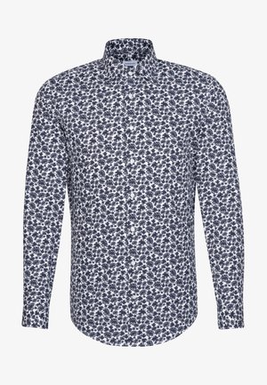 Weißes Hemd mit langen Ärmeln, Knopfleiste, marineblauem floralem Blattmuster und klassischem Kragen.