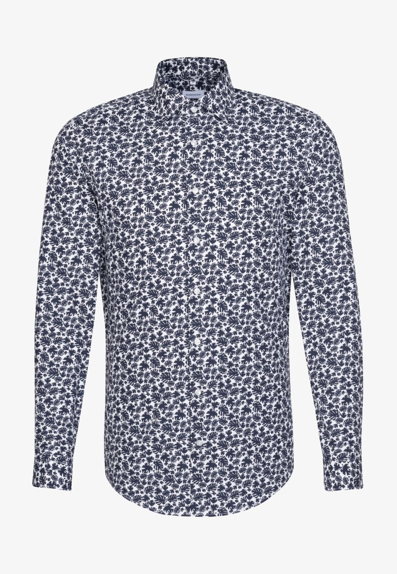 Chemise blanche à manches longues boutonnée, avec un motif floral feuillu bleu marine et un col classique.