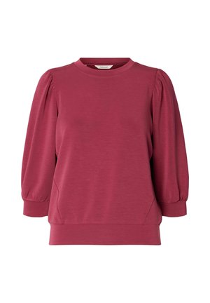 Top de color burdeos con mangas largas abullonadas, cuello redondo y ajuste relajado. Hecho de tela suave con una textura sutil y bolsillos en las costuras laterales.