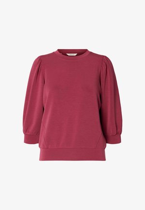 Tumepunane pikkade püksvarrukatega pull-over, ümmarguse kaelusega ja lõdva lõikega. Valmistatud pehmest kangast, millel on õrn tekstuur ja küljetaskud.