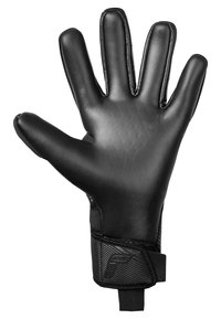 Schwarze Torwarthandschuhe mit glattem Latex-Handflächen, texturiertem Handgelenkband und verstärkten Nähten für Haltbarkeit. Verfügt über eine ergonomische Fingerform.