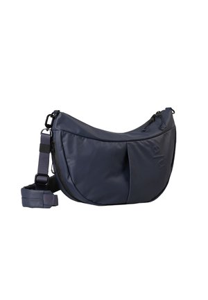 Borsa a spalla blu navy realizzata in materiale sintetico liscio, con una forma curva, doppie tasche con zip e una tracolla regolabile.