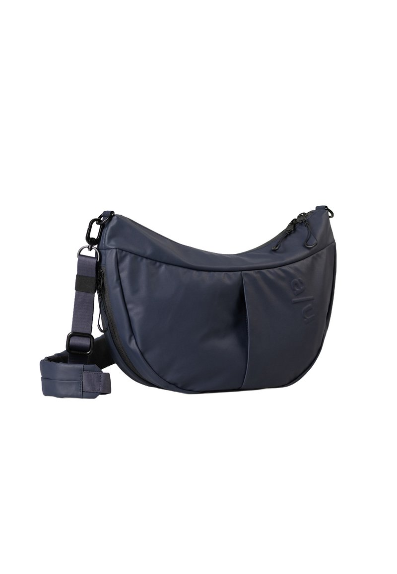 Borsa a spalla blu navy realizzata in materiale sintetico liscio, con una forma curva, doppie tasche con zip e una tracolla regolabile.