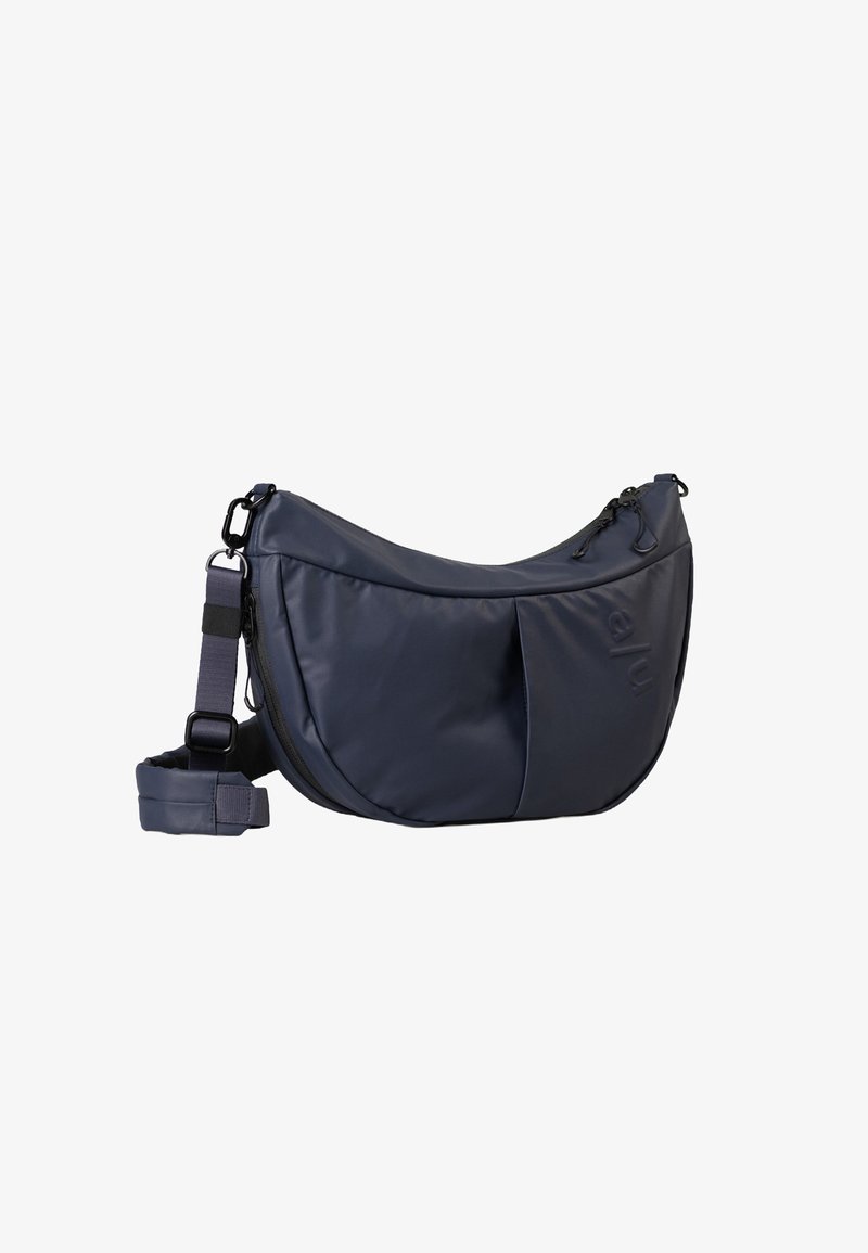 Borsa a spalla blu navy realizzata in materiale sintetico liscio, con una forma curva, doppie tasche con zip e una tracolla regolabile.