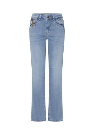 Hele sinised sirged teksapüksid, millel on ees- ja tagataskud ning tõmblukuga sulgemine, ees taskul väike nahast tõmbluku tõmme.