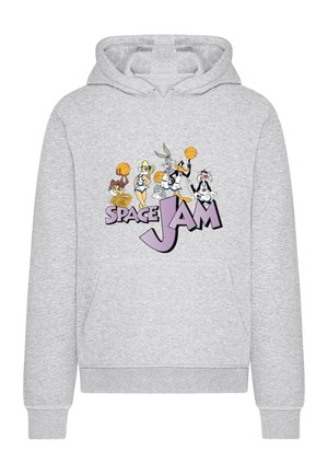 Svetlosivá mikina s kapucňou s logom Space Jam, na ktorom sú animované postavičky držiace basketbalové lopty, zoradené nad textom.