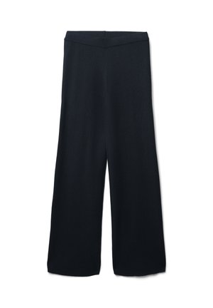 Black wide-leg trousers with a smooth fabric texture and a flat waistband. The design features no visible pockets or embellishments.