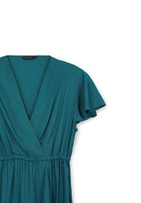 Tielblaues Kleid mit V-Ausschnitt, kurzen, schwingenden Ärmeln, geraffter Taille und fließendem Rock. Hergestellt aus weichem Stoff mit einer glatten Textur.