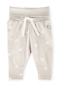 Helle graue Baumwollhosen mit einem elastischen Bund, Kordelzug und weißen Kronenmuster. Verfügt über einen dekorativen Knopf an der Seite.