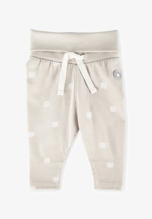 Light gray cotton pants with an elastic waistband, drawstring, and white crown patterns. Features a decorative button on the side.