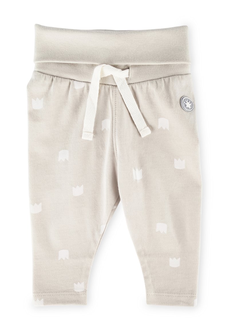 Helle graue Baumwollhosen mit einem elastischen Bund, Kordelzug und weißen Kronenmuster. Verfügt über einen dekorativen Knopf an der Seite.