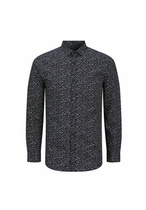 Cămașă cu mânecă lungă în nuanțe de bleumarin, cu un model floral compus din flori mici albe și roșii, cu guler butonat și o croială regulară.