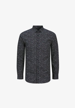Koszula z długim rękawem w kolorze granatowym z kwiatowym wzorem składającym się z małych białych i czerwonych kwiatów, z kołnierzykiem zapinanym na guziki, o standardowym kroju.