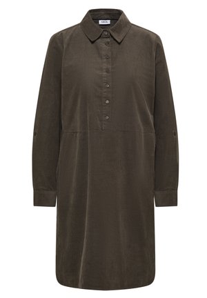 Abito a maniche lunghe e bottoni in corduroy verde oliva scuro. Presenta un colletto classico e un orlo leggermente svasato. Tessuto morbido e testurizzato.