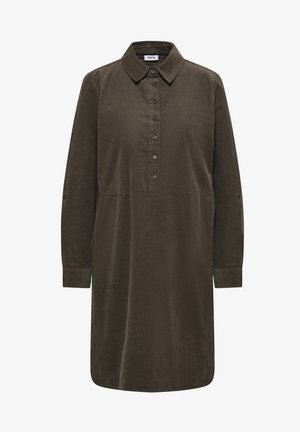 Sukienka z długim rękawem, zapinana na guziki w ciemnooliwkowym kordura. Posiada klasyczny kołnierzyk i lekko rozkloszowany dół. Miękka, strukturalna tkanina.