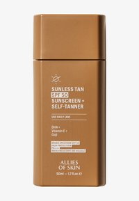 Bronzen rechthoekige fles met een matte afwerking. Tekst op het etiket in het wit: "SUNLESS TAN SPF 50 ZONBLOK + ZELFBRUINER." Capaciteit van 50 ml.
