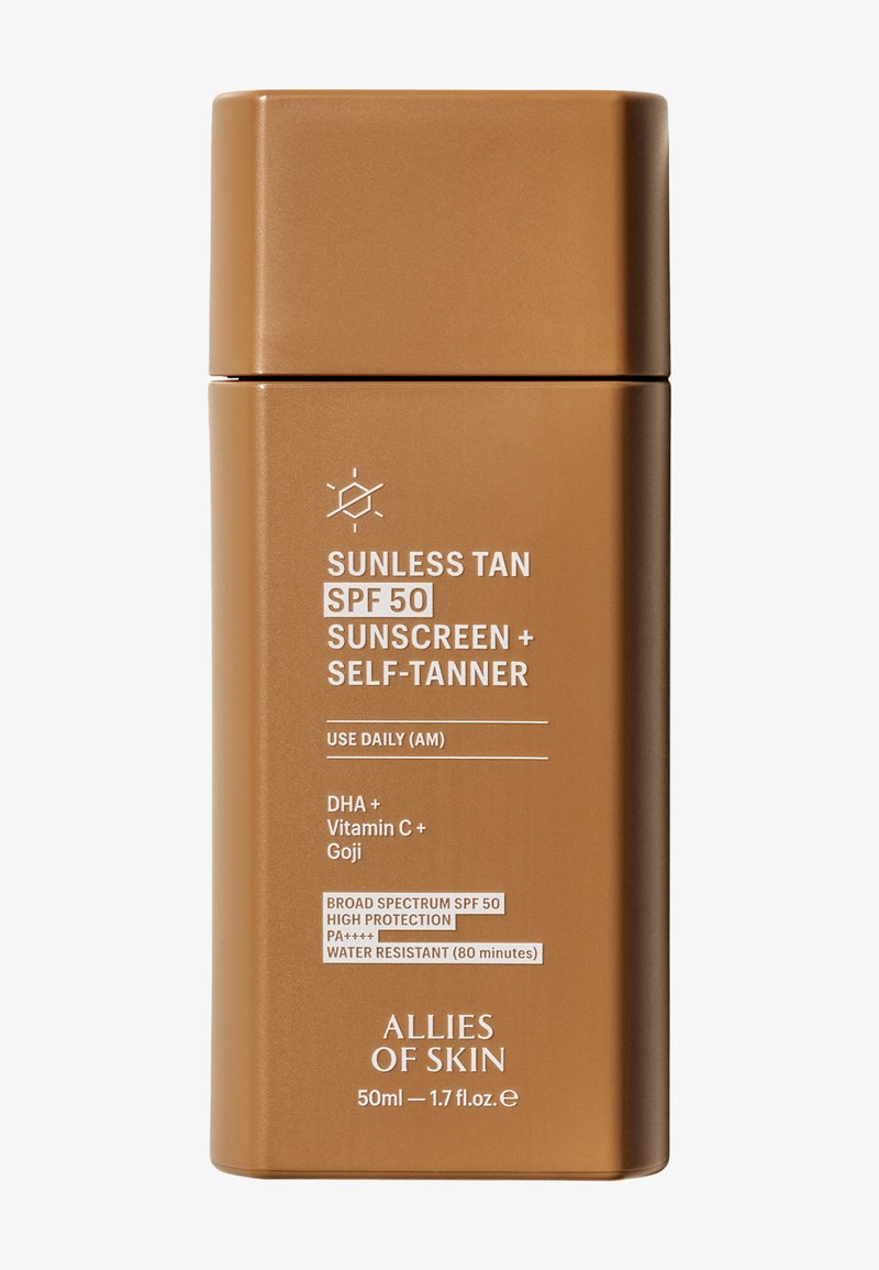 Bronzen rechthoekige fles met een matte afwerking. Tekst op het etiket in het wit: "SUNLESS TAN SPF 50 ZONBLOK + ZELFBRUINER." Capaciteit van 50 ml.
