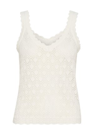 White knitted tank top featuring a diamond pattern, scalloped straps, and a deep V-neckline, with a textured lightweight finish.