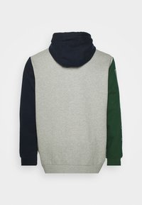 Felpa con cappuccio con corpo grigio, maniche blu navy e verdi, e polsini a coste. Realizzata in materiale morbido con vestibilità casual.