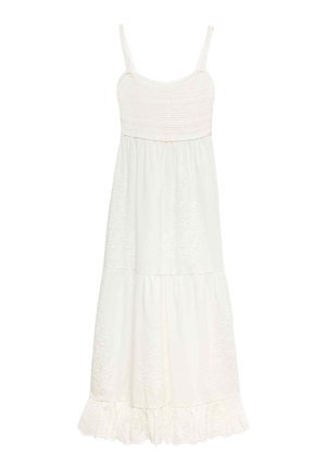 Weißes ärmelloses Kleid mit gerafftem Oberteil, floral besticktem Stoff, gestuftem Rock und Rüschensaum, geeignet für warmes Wetter.