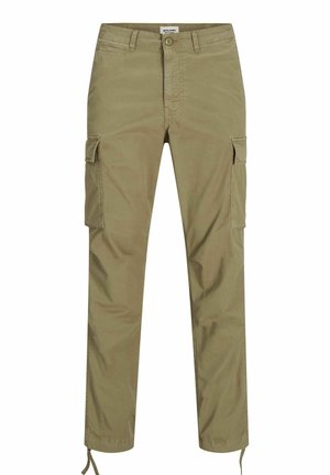 Cargo-Hosen in hellkhakifarben mit mehreren Seitentaschen, einem Kordelzug am Saum und einem Reißverschluss, hergestellt aus einem glatten, leichten Stoff.