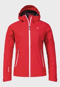 Red waterproof jacket with a hood, featuring white zippers, ergonomic design, and elastic cuffs. Made of breathable fabric with reinforced seams.