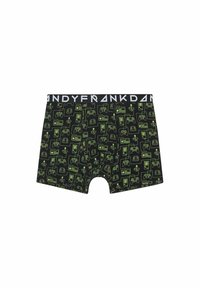 Caleçons boxer en tissu noir avec un motif de jeu vidéo vert, comprenant des consoles et des manettes, et une taille blanche avec un logo.