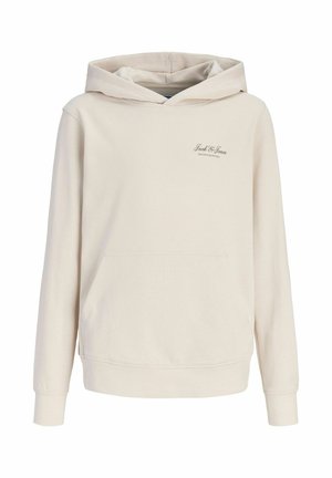 Sweat à capuche beige avec poche kangourou à l'avant et petit logo scripté "Jack & Jones Archive Selection" sur la poitrine gauche.