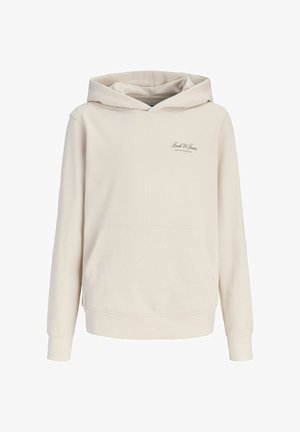 Sweat à capuche beige avec poche kangourou à l'avant et petit logo scripté "Jack & Jones Archive Selection" sur la poitrine gauche.