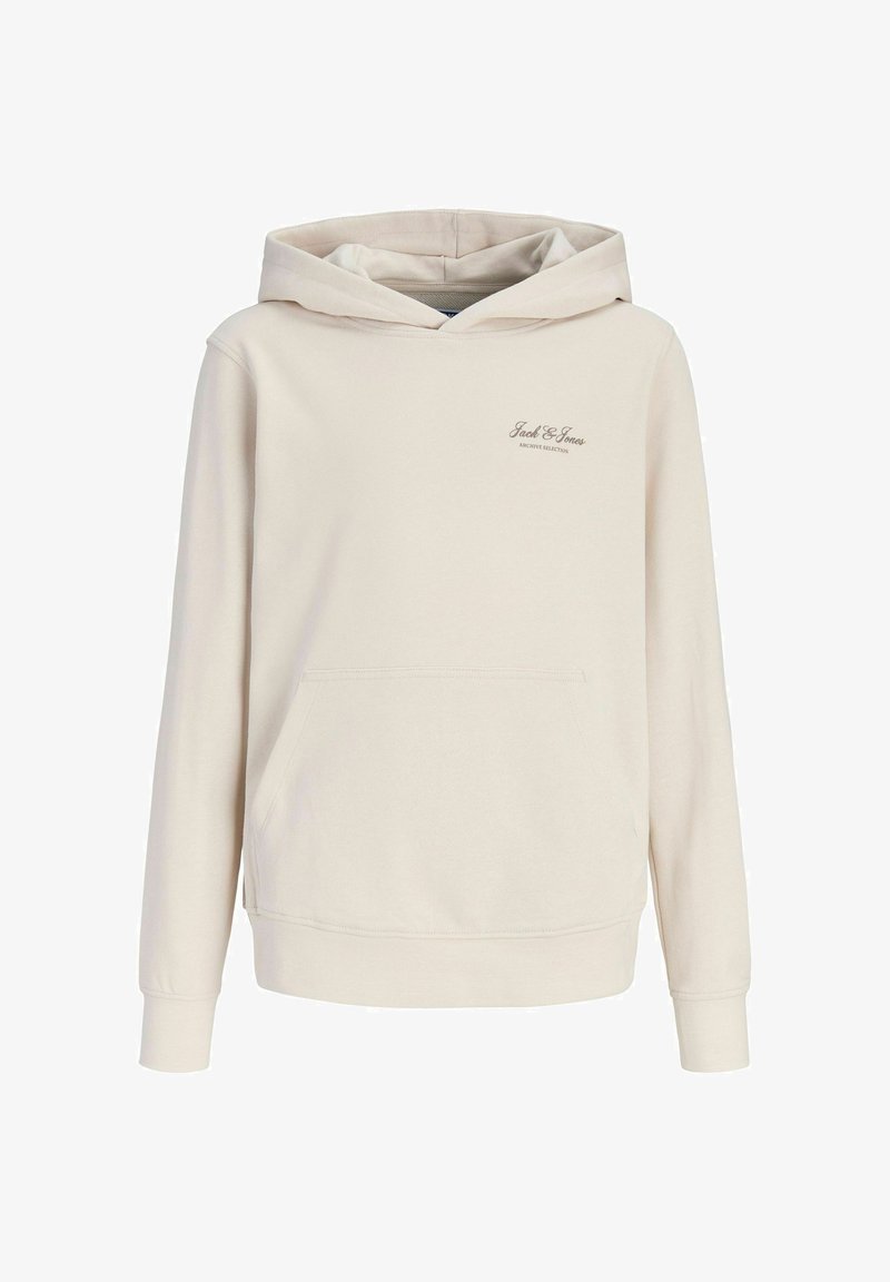 Sweat à capuche beige avec poche kangourou à l'avant et petit logo scripté "Jack & Jones Archive Selection" sur la poitrine gauche.