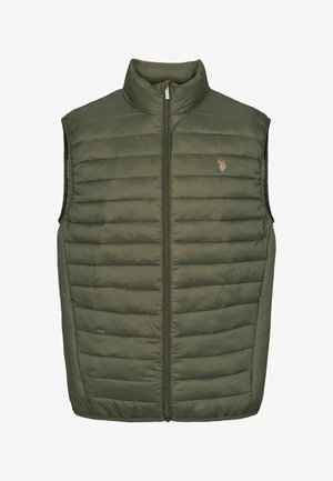 Polstret grøn vest med høj krave, lodret quiltet design og frontlynlås. Har en lille logo på venstre bryst.