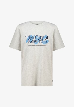 Light gray cotton t-shirt with short sleeves. Features blue text reading "The City of New York" and the phrase "Expect Nothing Appreciate Everything."