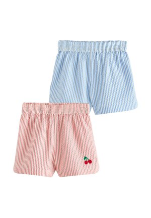 Zwei Paar Kinder-Shorts mit elastischem Bund, eines blau-weiß gestreift, eines rosa-weiß gestreift mit einer kleinen Kirschstickerei.