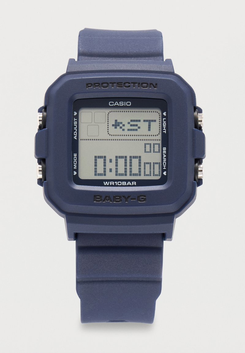 Ψηφιακό ρολόι Casio Baby-G με μπλε ρητινώδες λουράκι, ορθογώνιο καντράν, οθόνη χρονομέτρου και κουμπιά με ετικέτες mode, adjust, light και search.