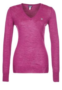 V-neck, long-sleeve sweater in bright pink, made of a lightweight knit material. Features a small logo on the chest and ribbed cuffs.