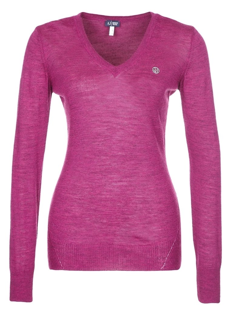 V-neck, long-sleeve sweater in bright pink, made of a lightweight knit material. Features a small logo on the chest and ribbed cuffs.